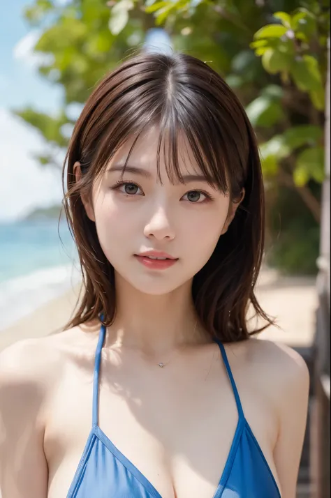 (((masterpiece))), (((highest quality: 1.4))), ((Very detailed: 1.4)) , ulzzang-6500-v1.1, (RAW Photos:1.2), (Realistic), (Genuine:1.4), Very detailed, Sharp focus,Japanese woman standing on a bridge in Miyako Island、Stunningly beautiful blue ocean in the ...