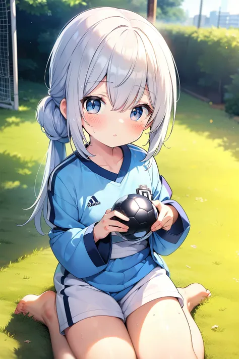 floating hair, light blush, During the game, sweat, half updo, outdoors, project a large area, soccer, manchester city fan, manchester city jersey, Wearing Manchester City uniform, Catch a soccer ball with your chest, japanese cartoon movies, japanese cart...