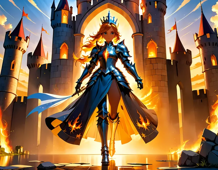 16k, ultra detailed, masterpiece, best quality, (extremely detailed), arafed, dnd art, panoramic view, full body, a lady knight standing on the all of the castle as the sun rises, you see only the silhouette of knight, intense eyes, ultra feminine, ultra d...