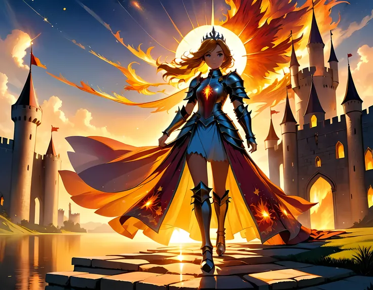 16k, ultra detailed, masterpiece, best quality, (extremely detailed), arafed, dnd art, panoramic view, full body, a lady knight standing on the all of the castle as the sun rises, you see only the silhouette of knight, intense eyes, ultra feminine, ultra d...