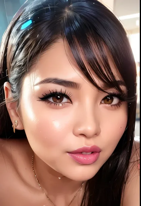 Thai Idol　Mature Woman　40 years old　Plump and glamorous figure　Blonde with bangs　((eye glass))　bright red lips　Duck mouth　Super shiny enamel metallic bikini　Flushed cheeks　((Cyberpunk night city with shining laser beams))　Portrait　Looking at the camera　((D...