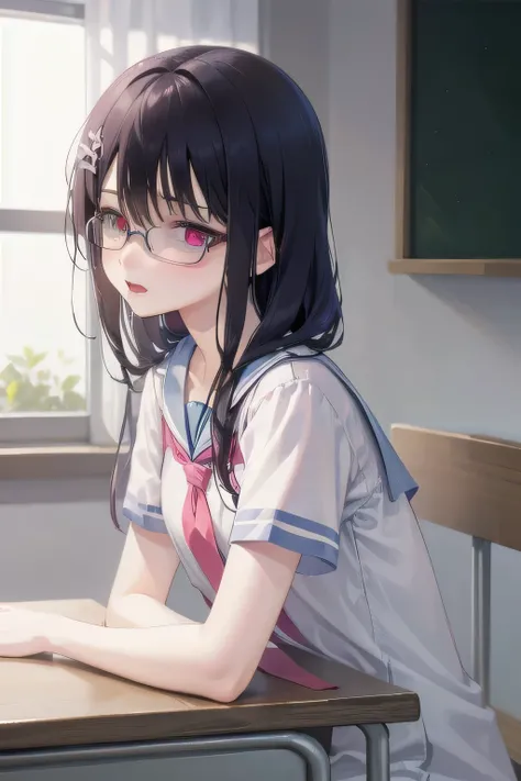 (Tabletop:1.0), (highest quality:1.4), (High resolution:1.2), From the side,Sharp contours,  boyish, highest quality, masterpiece,Glasses,Voice of the Heart,yandere,Browsing Caution,classroom,nude,facial,Excessive ,Chest to chest,Upper Body,Ecstasy,saliva,...