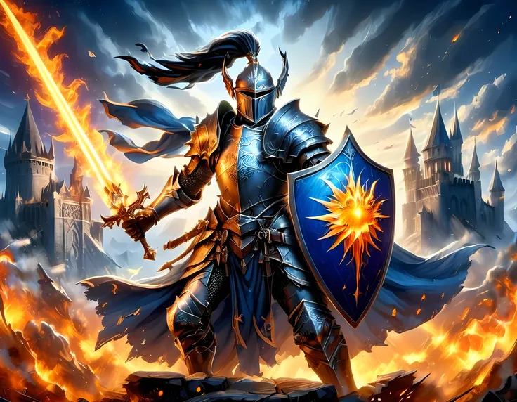 16k, ultra detailed, masterpiece, best quality, (extremely detailed), arafed, dnd art, panoramic view, full body, a lady knight standing on the all of the castle as the sun rises, you see only the ((silhouette of lady knight)), he is arm with a gleaming sw...