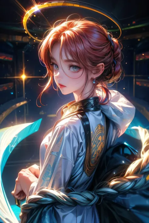 fantasic illustration, warp effect, masterpiece:1.2, highest quality, highres, 16k, beautiful detailed, ultra-realistic, photo realistic:1.37,  beautiful girl who transcends time and space, through the subspace field connecting circular stargates,  posing ...