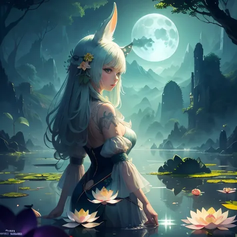 Huge full moon，Translucent Ether Animal Rabbit，Lotus flower，lotus leaves，Green mountains in the distance々，Foggy landscape，masterpiece，high quality，UHD resolution，Rational configuration，16k,Surreal fantasy art，amazing, The Art of Beautiful Dreams，amazing di...