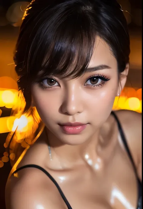 Thai Idol　Mature Woman　35 years old　Plump and glamorous figure　Blonde with bangs　((eye glass))　スーパーシャイニーbright red lips　Duck mouth　Super shiny enamel metallic bikini　Flushed cheeks　((Cyberpunk night city with shining laser beams))　Portrait　Looking at the c...