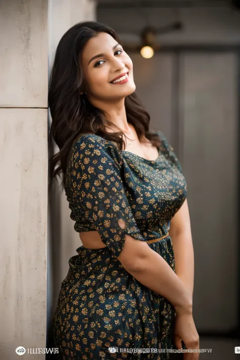 In this photograph, a confident Indian Instagram model in her mid-30s stands out, her radiant smile highlighting her natural curves and beautiful dark brown skin. Shes wearing a short ((black fit dress)) with a sweetheart neckline and vibrant floral prints...
