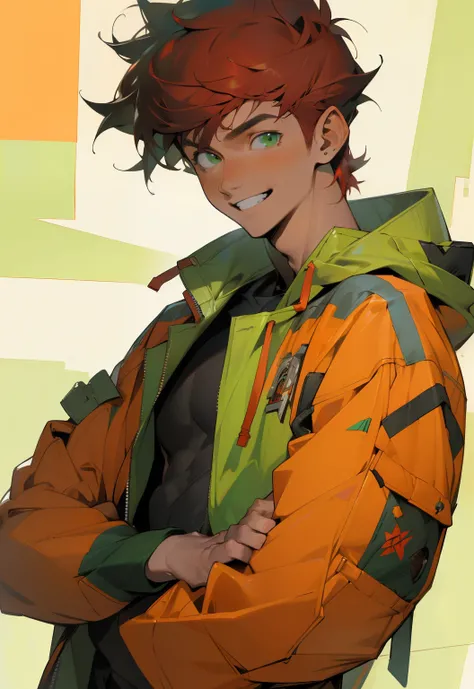 ((masterpiece)), (best quality), (absurdres), (photorealistic:1.4), auburn red hair, , hoodie with motor sports jacket , (tanned skin, tanned male skin), bangs, green eyes, handsome girl, ((flat body)), very short messy boy cut hair, smile, grin, :D