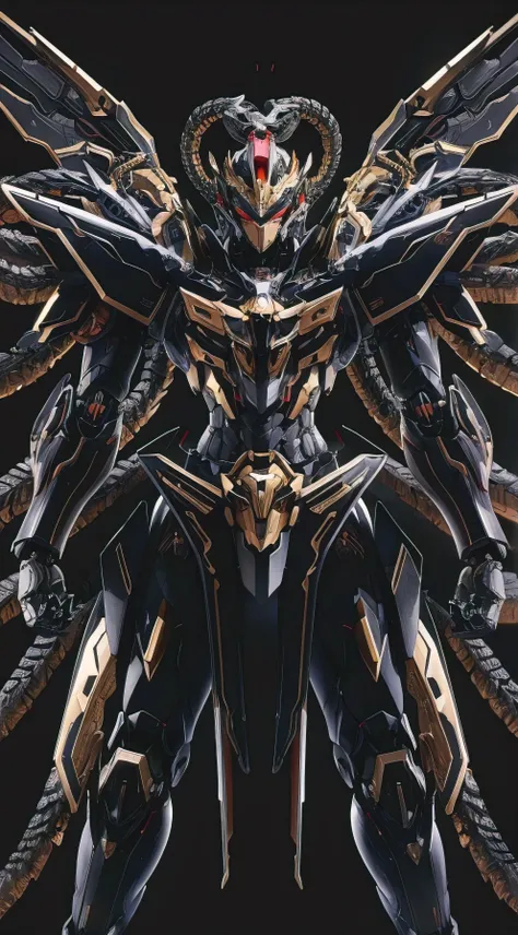 A stunning full-body shot of an Ouroboros mecha, designed in the captivating style of Yoji Shinkawa and Akihiko Yoshida. The mecha is clad in obsidian armor, adorned with intricate gold accents and sharp edges. The high-tech details and symmetrical design ...