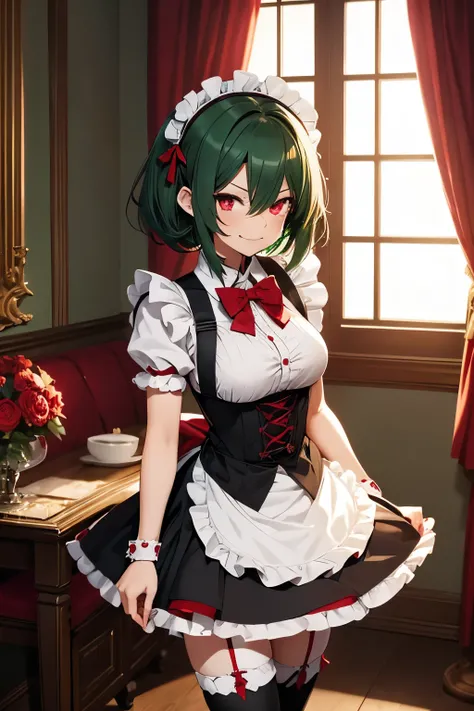 anime girl with short clover dark green hair, tall, crimson red eyes, maid dress, maid outfit, apron, white stockings, black boots, bowtie, submissive, gentle, smug evil smile, fangs, background, mansion, noble bedroom,