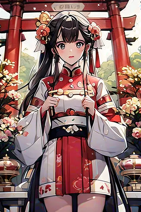 Shrine maiden、Naughty、prayer、（Beautiful woman、Perfect Fingers、Perfect legs、High resolution）、torii、shrine