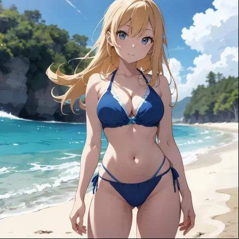 Blonde girl drawn in high definition Japanese anime style、whole body、Women in blue bikinis taking photos on a deserted beach, Bikini Model, , A young and cute gravure idol, Posing together in bras, Russian and Japanese mix, sakimichan, Asian woman, Wear a ...