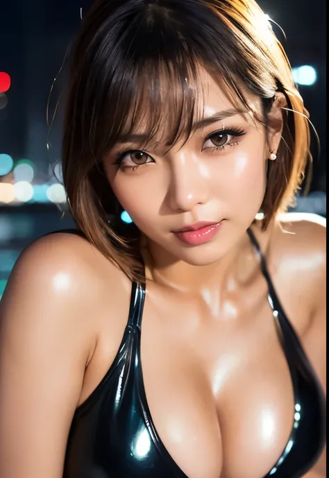 Thai Idol　Mature Woman　35 years old　Plump and glamorous figure　Blonde with bangs　((eye glass))　スーパーシャイニーbright red lips　Duck mouth　Super shiny enamel metallic bikini　Flushed cheeks　((Cyberpunk night city with shining laser beams))　Portrait　Looking at the c...