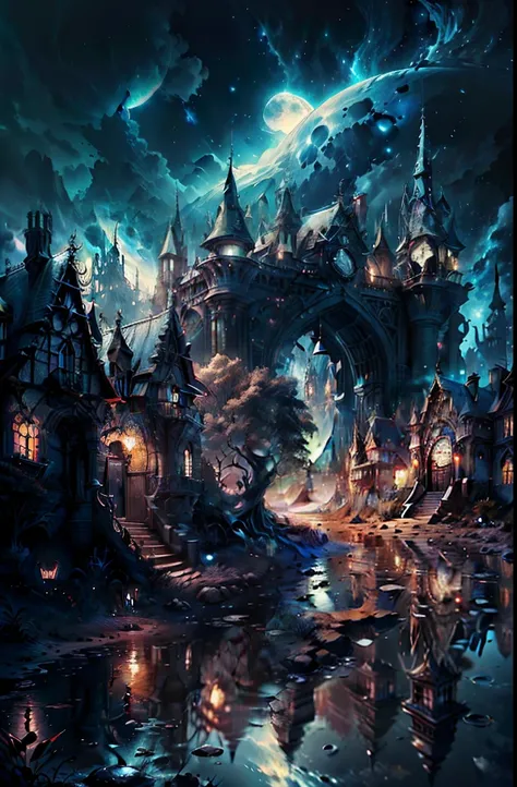 The moon reflected in a complex sky, night, Detailed fantasy horror background, Ultra-detailed; Magical Clock Town, realism; Great composition; Dynamic Lighting; Carefully constructed, Concept Art, indigo, Charming star, masterpiece, Splash Art, Spanish vi...