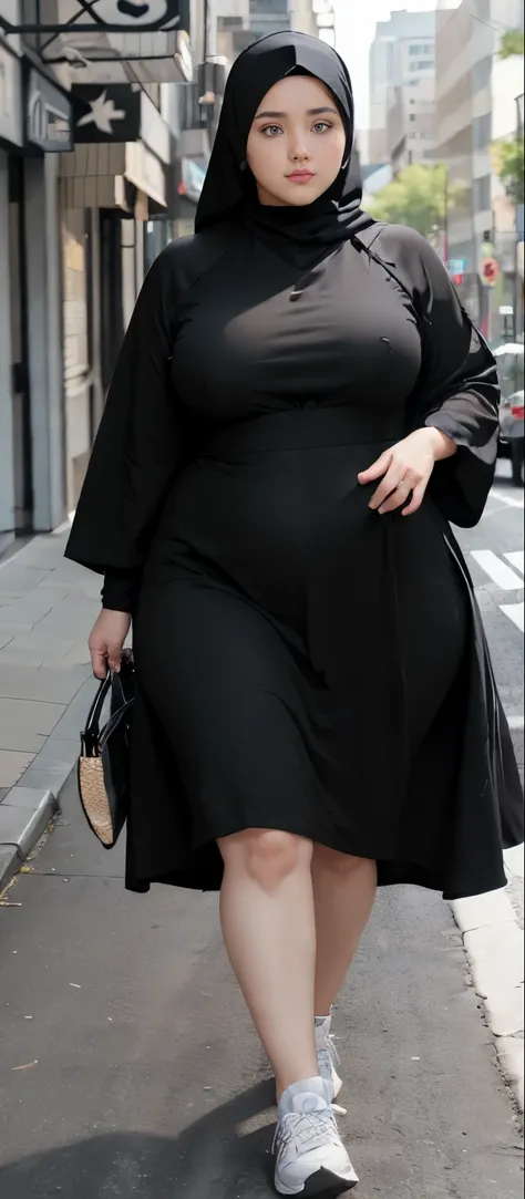 Milky white skin woman in black dress and hijab walking down the street, ,  hijab outfit, ,  hijab fashion model, plus size, plus size woman, ,  woman in black robes, beautiful woman, thicc, black outfit,, bbwchan , white sneakers , Height 170 cm, beautifu...