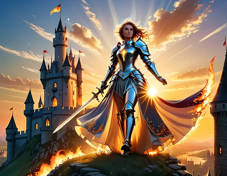 16k, ultra detailed, masterpiece, best quality, (extremely detailed), arafed, dnd art, panoramic view, full body, a lady knight standing on the all of the castle as the sun rises, you see only the silhouette of knight, intense eyes, ultra feminine, ultra d...