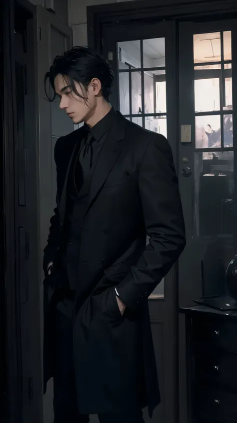 Man in all black、Black Shirt、Frock coat、Ragged head、Gentleman、Baby Face、No tie、