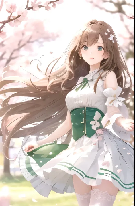 One girl, alone, Long hair blown by the wind, Green Eyes, White Stockings, race, View the viewer, Gorgeous, elegant, Very detailed, Majestic, Blurred, Blurred background, wood, branch, cherry blossoms, butterfly, Windblown petals, Depth of written boundary...