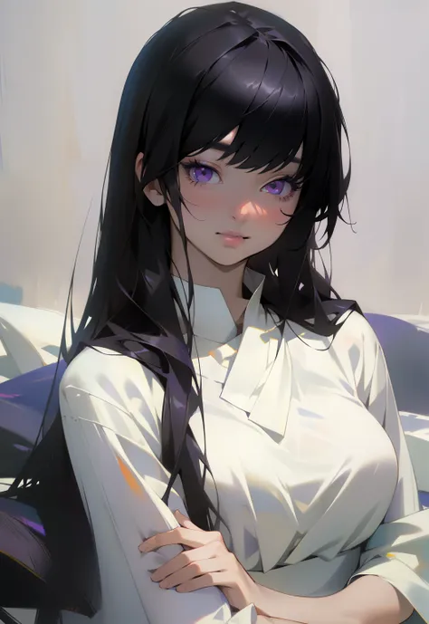 ((masterpiece)), (best quality), (absurdres), (photorealistic:1.4), black hair, yamamura_sadako, white dress, (fair skin), bangs, purple eyes, beautiful, soft smile, in love 