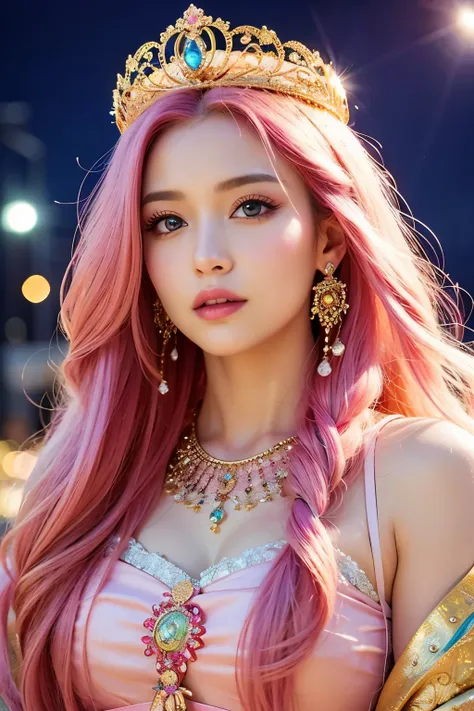 ((highest quality)), ((masterpiece)), (detailed), Perfect face, spiritual goddess, romantic look, long pink hair, mysterious look, amazing aura, gorgeous upper body, even more beautiful look, sparkling crown and decorations, from the front