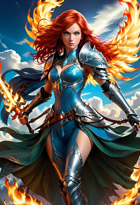 16k, ultra detailed, masterpiece, best quality, (extremely detailed), arafed, dnd art, panoramic view, full body, aasimar, female, (Masterpiece, intense details:1.3), female, divine warrior, holding ((flaming blade: 1.5)) (Masterpiece, intense details:1.3)...