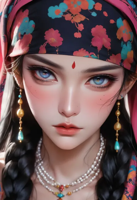 1 Girl,flowing long black hair,Colorful braids,Hair shine,Wearing a headscarf,minority,Skin details,Beautiful facial features,Exquisite makeup,Exquisite eyes,Eye details,Dark eyeshadow,small freckles,Pearl necklace,Shoulder,arm,minority服饰,