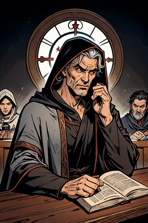A male human of indeterminate age, Black hair with some gray hair in between, Red and blue heterochromatic pupils, Wearing a robe and cloak，Cover your head with a hood, Magnificent, Sacred and arrogant, Serious and superior, Sitting at the pub table with a...