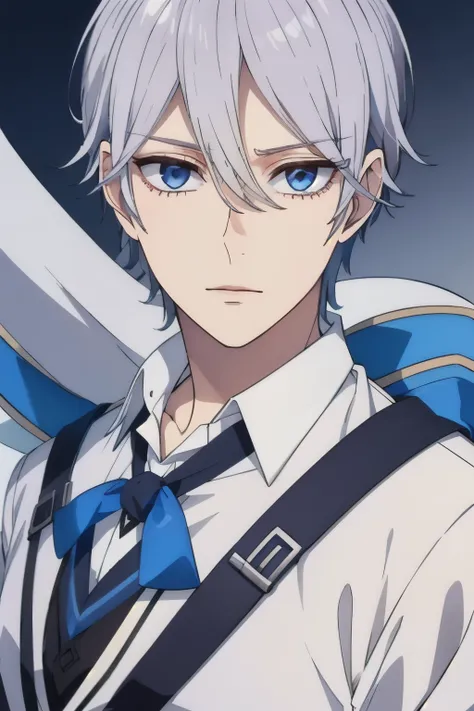 boy, silver hair, blue eyes, serious sharp features, white skin, handsome, high