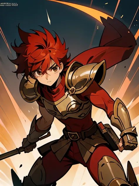 redhead teenage man, brown eyes, spiky hair, bronze armor of the sign of sagittarius, anime cover,