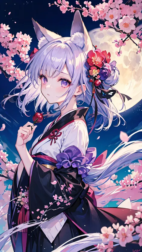 masterpiece, highest quality, highest quality, High resolution　Silver Hair　Fox ears　beautiful girl　Purple Eyes　Black kimono　Upper Body　full moon　cherry blossoms　Hair blowing in the wind　