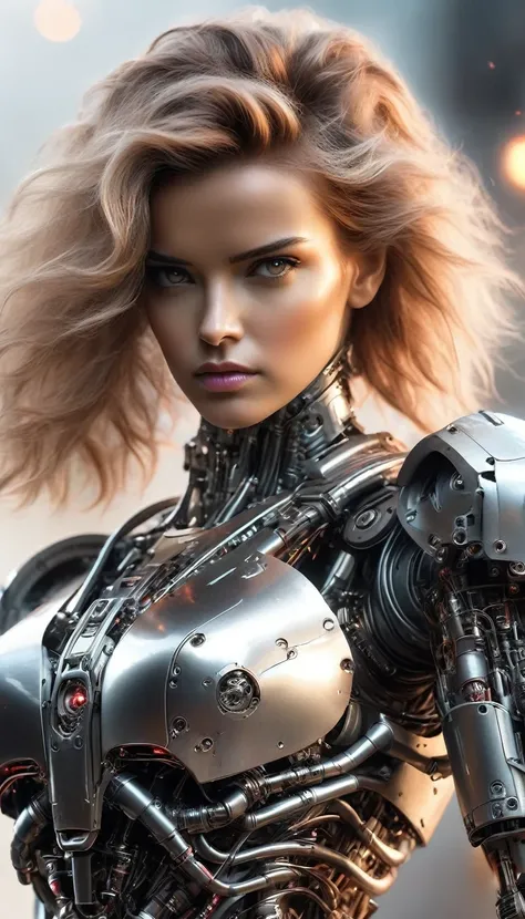 Beautiful Terminator female warrior in robot costume, photographic detail, Angra Kei, modcore, soft focus realism, fluffy beautiful hair, clear plastic armor, perfect natural skin tone, exaggerated, precise.