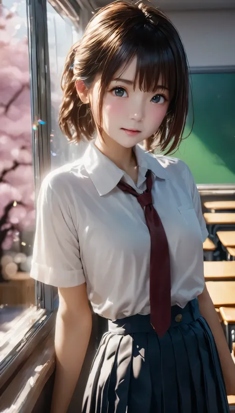 (Tabletop, highest quality:1.2), 8k, 18-year-old, 85mm, Official Art, RAW Photos, Absurd, White dress shirt, Cute Face, close, Upper Body, Viola Lace, Gardenia, beautiful girl, (Dark red tie:1.1)、(Navy Pleated Skirt:1.1), Cinch waist, Thighs, Short sleeve,...