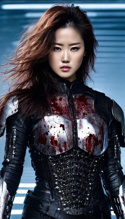 Female warrior in half-machine, covered in stab wounds, bleeding.
Physically lithe and beautiful terminator, runway female model, photographic detail, Angela Kei, model core, soft focus realism, fluffy beautiful hair, clear plastic armor, perfect natural s...