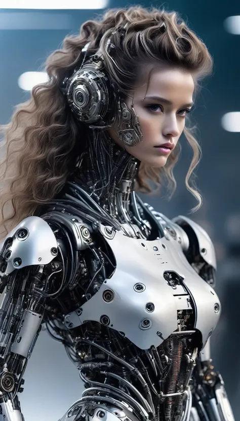 lithe beautiful terminator female runway model dressed in a robotic outfit, photographic detail, angura kei, modelcore, soft-focused realism, tousled beautiful hair, clear plastic armor, perfect natural complexion, hyperbole, precisionist -