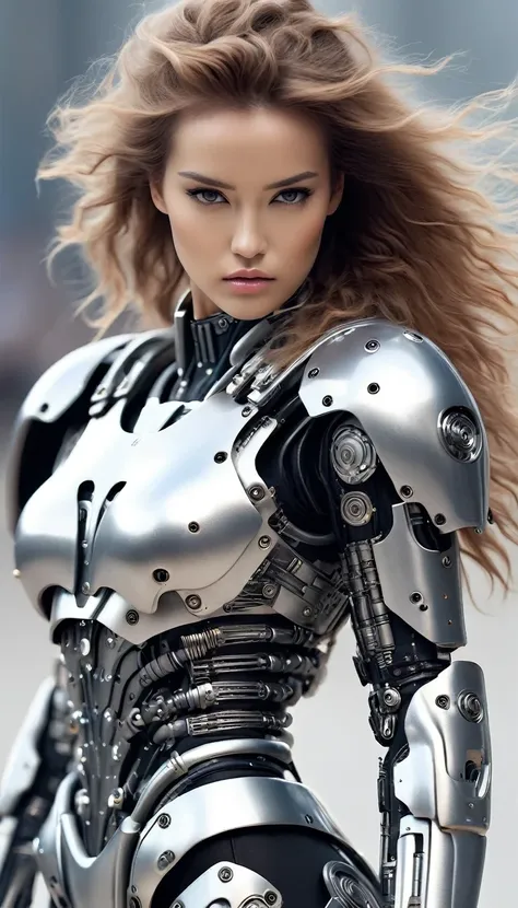 female warrior in robot costume, lithe and beautiful terminator, runway female model, photographic detail, angela kei, model cor...