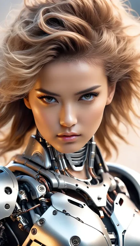 Female warrior in robot costume, lithe and beautiful Terminator, runway female model, photographic detail, Angela Kei, model core, soft focus realism, fluffy and beautiful hair, clear plastic armor, perfect natural skin tone, exaggeration, precisionist -