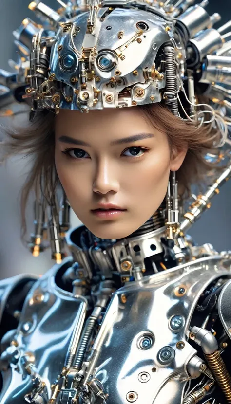 lithe beautiful terminator female runway model dressed in a robotic outfit, photographic detail, angura kei, modelcore, soft-foc...