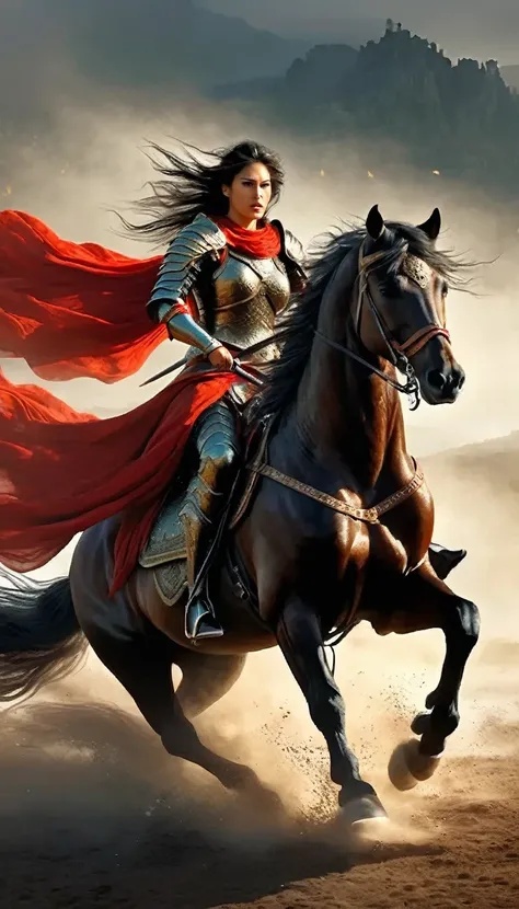 1 female warrior on a galloping horse, detailed armor, flowing hair, intense expression, epic fantasy landscape, dramatic lighting, volumetric fog, highly detailed, cinematic, digital painting, hyper realistic, 8k, dramatic colors, chiaroscuro