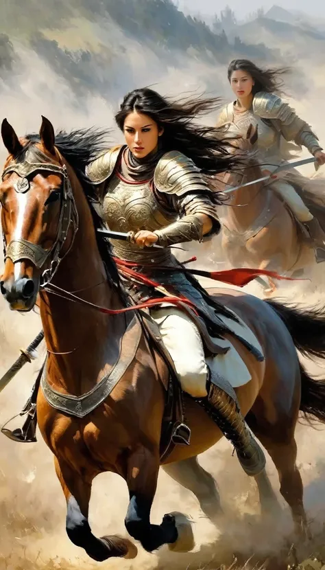 female warrior/female warrior，horses gallop，broadsword