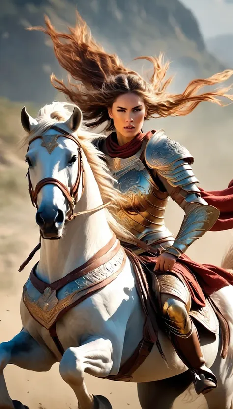 1 female warrior on a galloping horse, extremely detailed armor, detailed facial features, flowing hair, muscular arms, powerful...