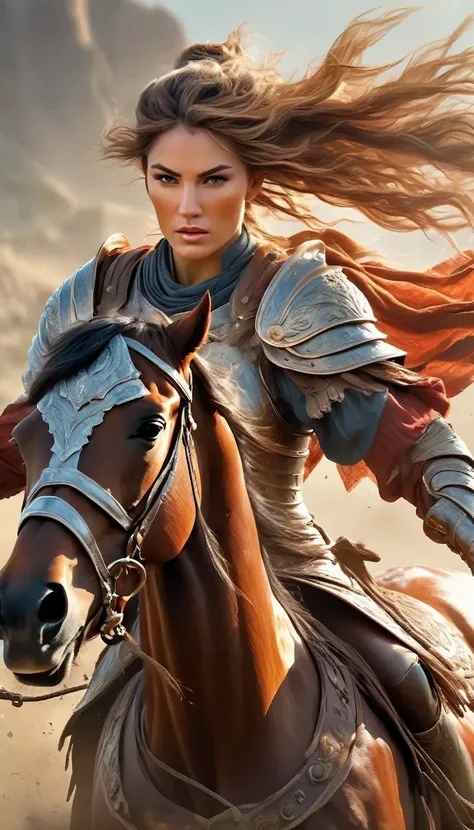 1 female warrior on a galloping horse, extremely detailed armor, detailed facial features, flowing hair, muscular arms, powerful stance, dramatic action pose, cinematic lighting, rich color palette, epic fantasy landscape, digital painting, photorealistic,...