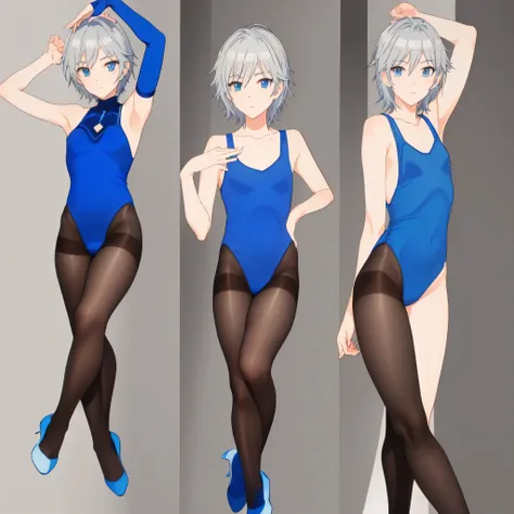 boy wearing blue leotard、anastasia as a boy、1 boy、solo、silver hair、short hair、blue eyes、anime pose、basic leotard、wearing a leota...