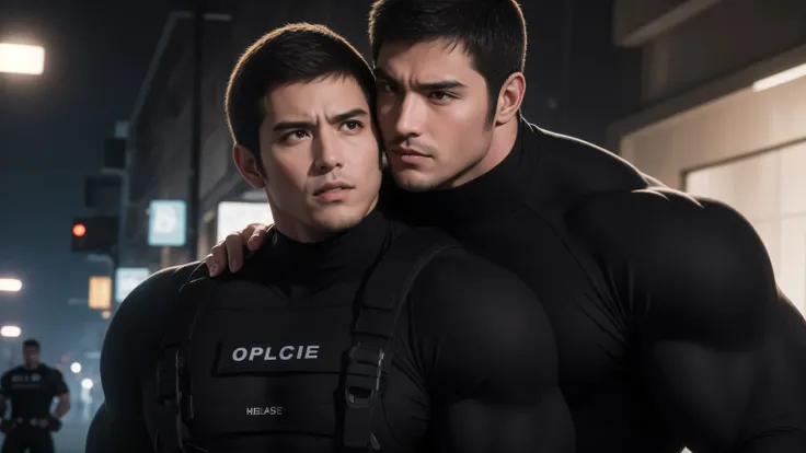 Super muscular man hugging,  Open mouth and scream，Look at each other affectionately，They hugged each other affectionately，Buzz Cut，On the old-style outdoor street under the hot sun, Wear a long-sleeved, deep turtleneck bodysuit, Thickened warm elastic tex...