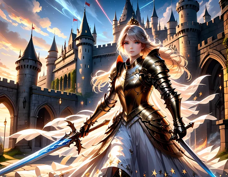 16k, ultra detailed, masterpiece, best quality, (extremely detailed), arafed, dnd art, panoramic view, full body, a single1 lady knight standing on the all of the castle as the sun rises, she is holding sword and shield, you see only the silhouette of knig...