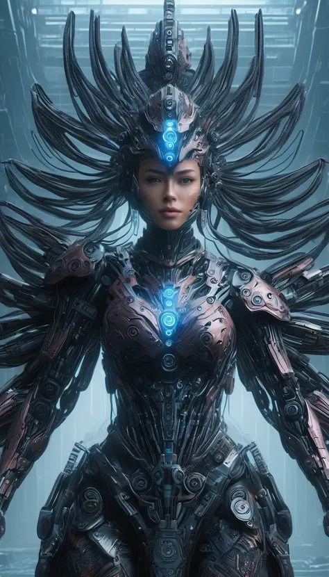 a cyborg woman warrior in a post-apocalyptic cyberpunk landscape, highly detailed cybernetic mechanical body, glowing blue energy circuits, advanced futuristic armor, dark moody lighting, dramatic sci-fi atmosphere, dystopian urban background, deep shadows...