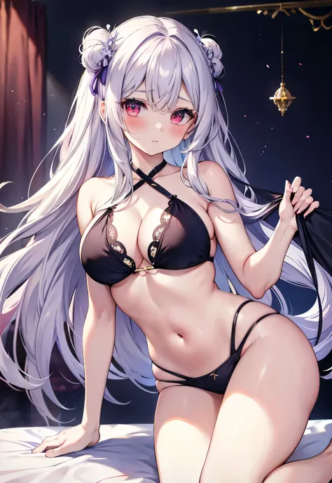 silver hair，red eyes，long hair，，blush，large breasts，after the underworld《greek mythology》，purple sling bikini，greek clothing，bed...