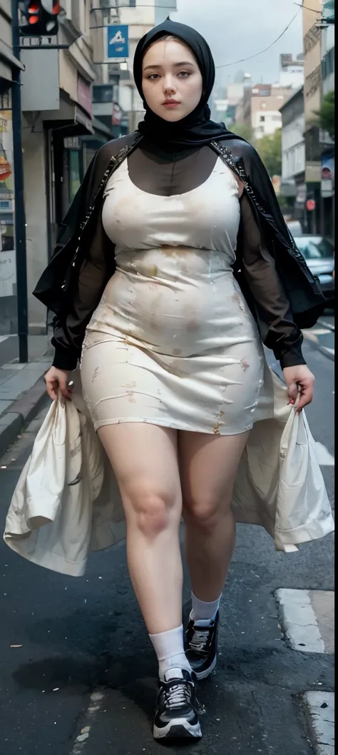 Milky white skin woman in black dress and hijab walking down the street, ,  hijab outfit, ,  hijab fashion model, plus size, plus size woman, ,  woman in black robes, beautiful woman, thicc, black outfit,, bbwchan , white sneakers , Height 170 cm, beautifu...