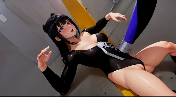 Female Combatant、Japanese girl、Close-up of a girl in a black leotard、Black glossy leotard、Black boots、Saiyan Girl, wonderful, Nano Girl, Female body type, Inspired by Hiromu Arakawa, Anime Manga Robot!! Anime Girls, Fubuki, Full Body Suit, by Hiromu Arakaw...