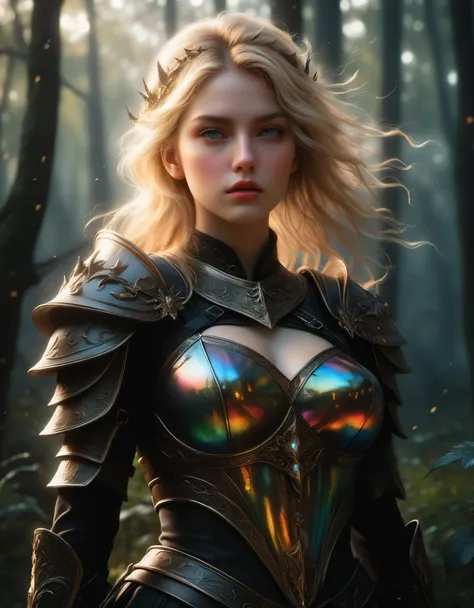 ((Masterpiece in maximum 16K resolution):1.6),((soft_color_photograpy:)1.5), ((Ultra-Detailed):1.4),((Movie-like still images and dynamic angles):1.3) | ((double contact):1.3), ((Fierce Blonde Female warrior silhoutte effect):1.2), ((Superimposed on Pretty...