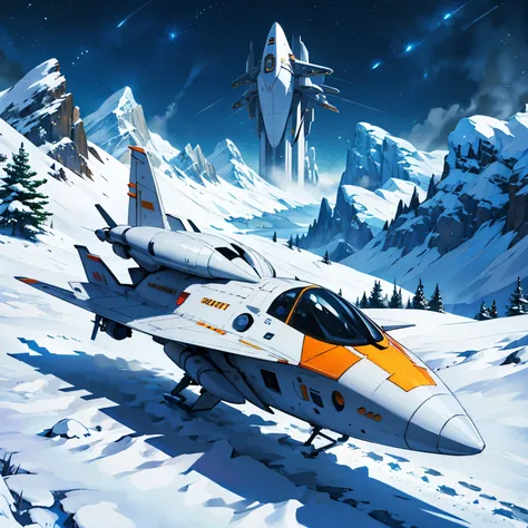 spaceship arriving, in the middle of snowy mountains